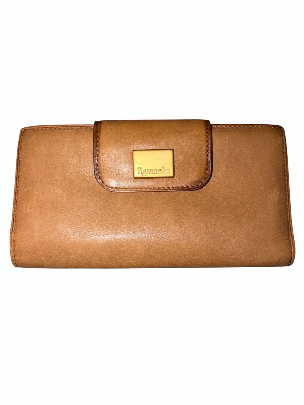 EUC Vintageg Tignanello Caramel Brown Leather Flap Wallet Gold-tone Hardware